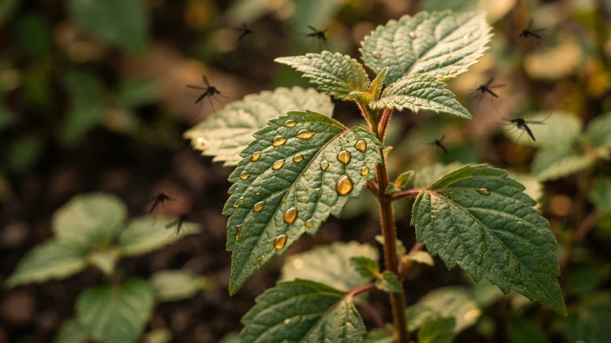 Feuilles de patchouli frais avec gouttes d'huile essentielle, répulsif naturel anti-moustiques