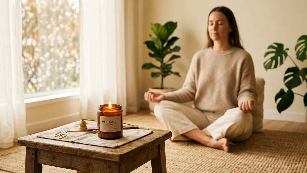 Bougie parfumée allumée dans un rituel bien-être de méditation et relaxation en intérieur lumineux