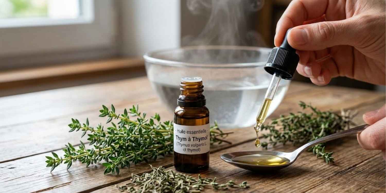 Un flacon d'Huile essentielle de thym à thymol ouvert avec une pipette doseuse en train de prélever une goutte