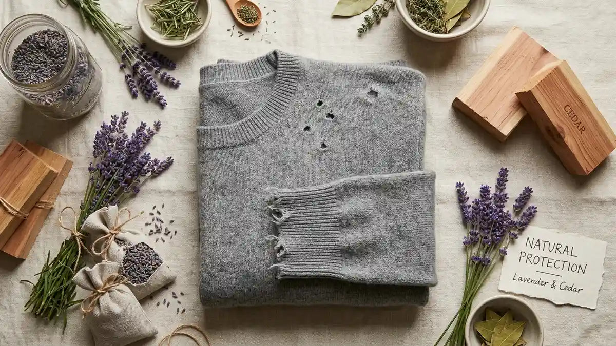 Pull en cachemire avec anti-mites naturels : lavande, cèdres et herbes séchées pour protéger vêtements