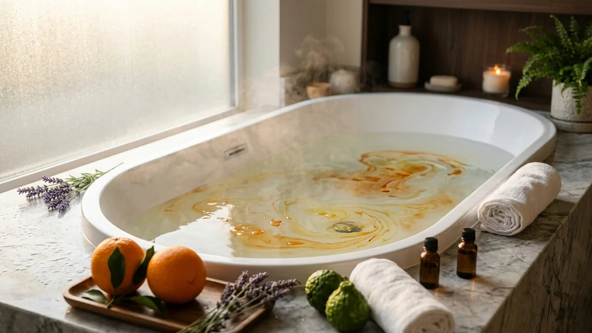 Bain relaxant aux huiles essentielles avec lavande, oranges et bergamote sur surface en marbre