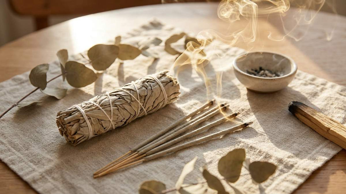 Bâton de sauge blanche et encens en vrac comparés sur lin pour purification spirituelle