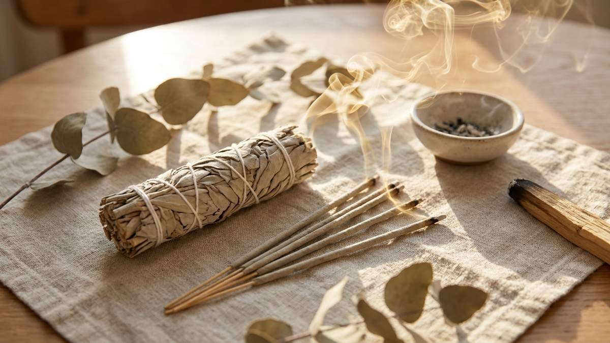Bâton de sauge blanche et encens en vrac comparés sur lin pour purification spirituelle