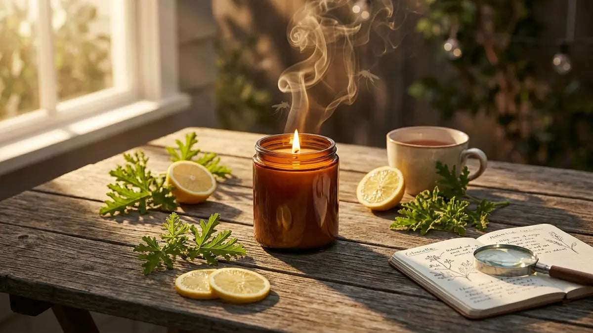 Bougie à la citronnelle allumée sur table en bois avec feuilles de citronelle et tranches de citron