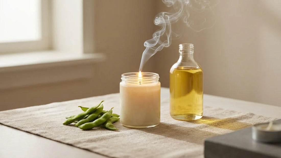 Bougie cire de soja allumée avec gousses de soja et huile biologique sur fond beige