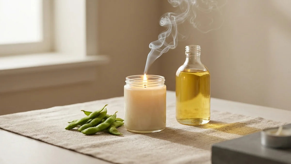 Bougie cire de soja allumée avec gousses de soja et huile biologique sur fond beige