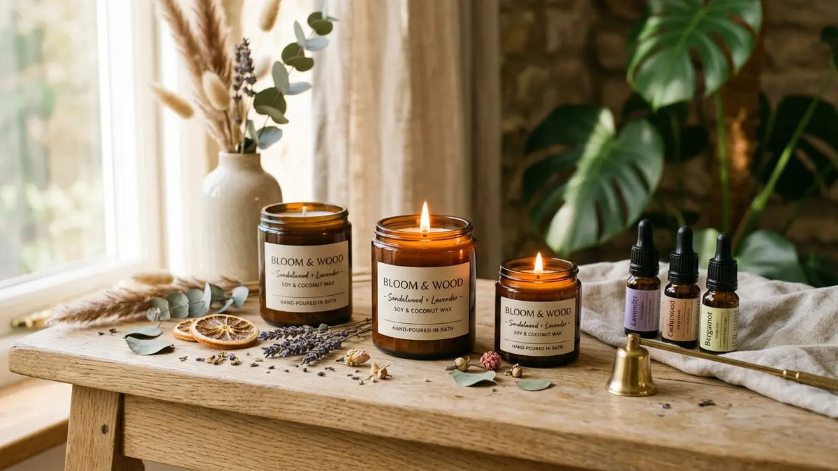 Bougies naturelles artisanales en cire de soja et noix de coco avec produits écologiques sur surface bois