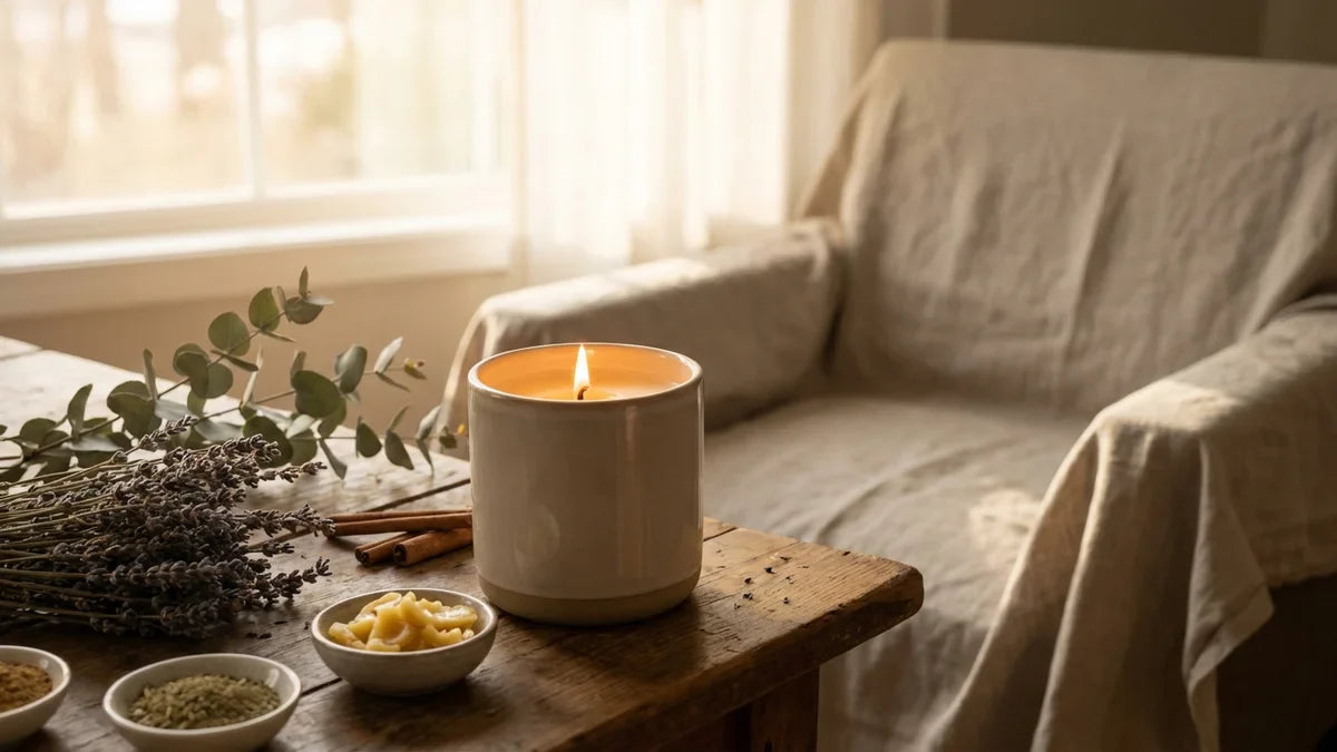 Une bougie parfumée naturelle sur une table en bois