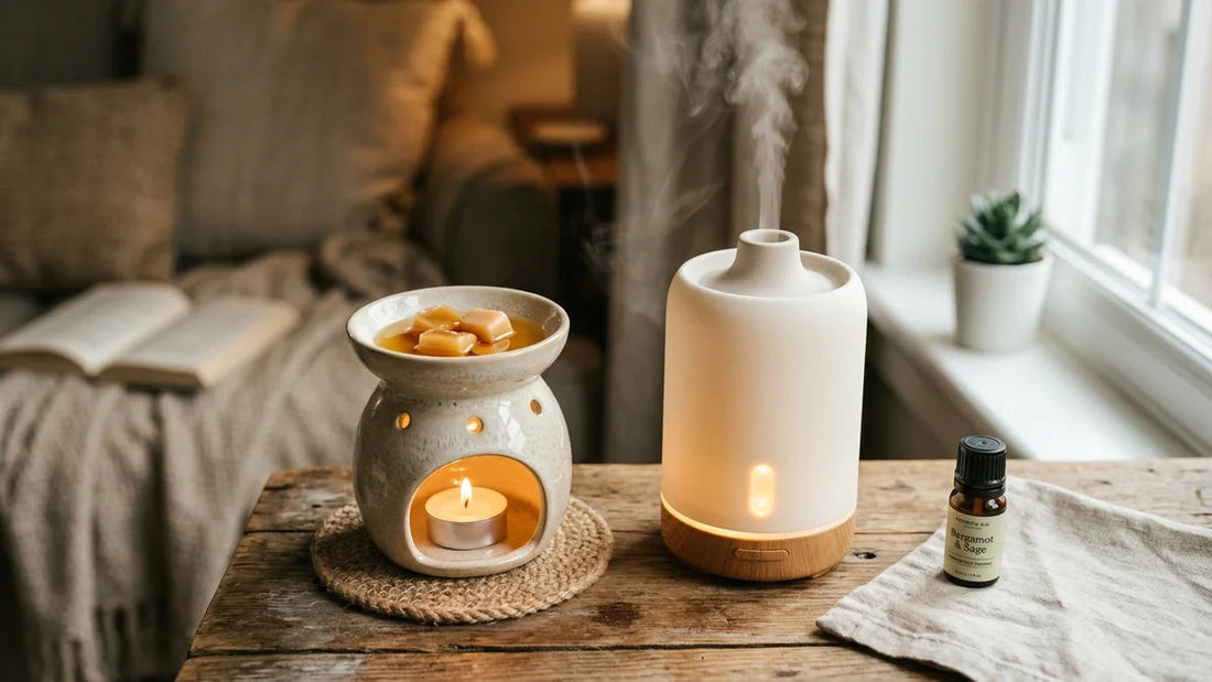 Brûle-parfum cire fondante avec bougie et diffuseur électrique, ambiance cozy maison