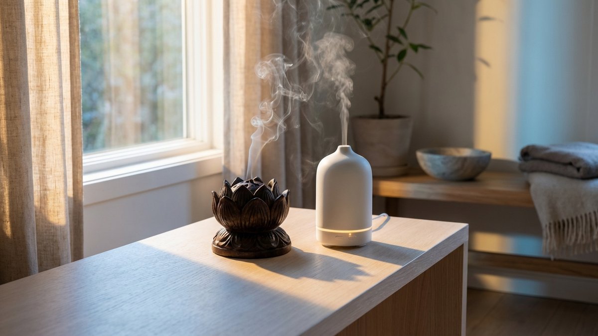 Brûleur d'encens traditionnel et diffuseur électrique côte à côte sur surface en bois