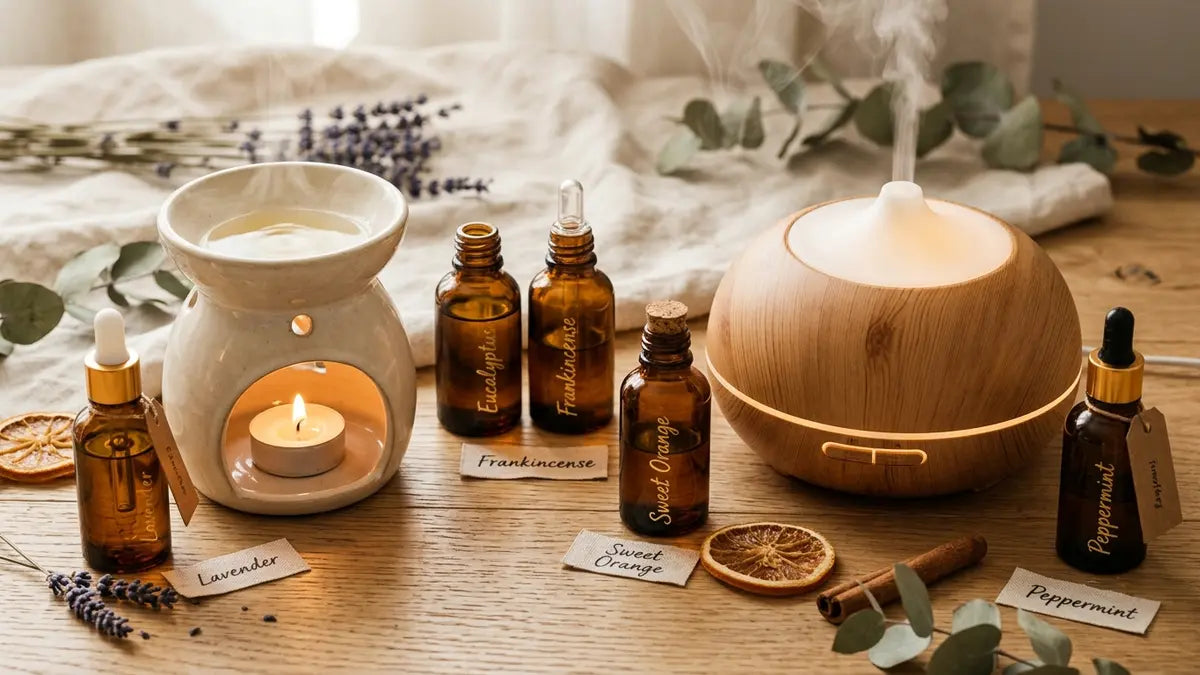 Comparaison brûleur huile essentielle : diffuseur électrique et bougie avec huiles essentielles