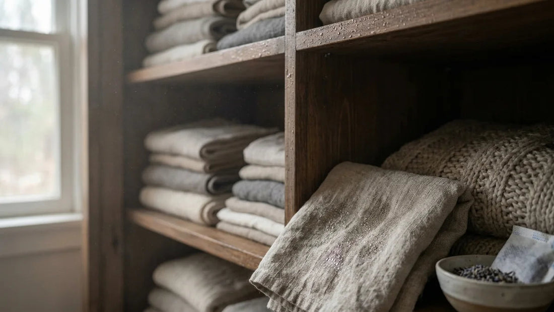 Armoire en bois ouverte avec linge plié et humidité, illustrant l'odeur de renfermé à éliminer