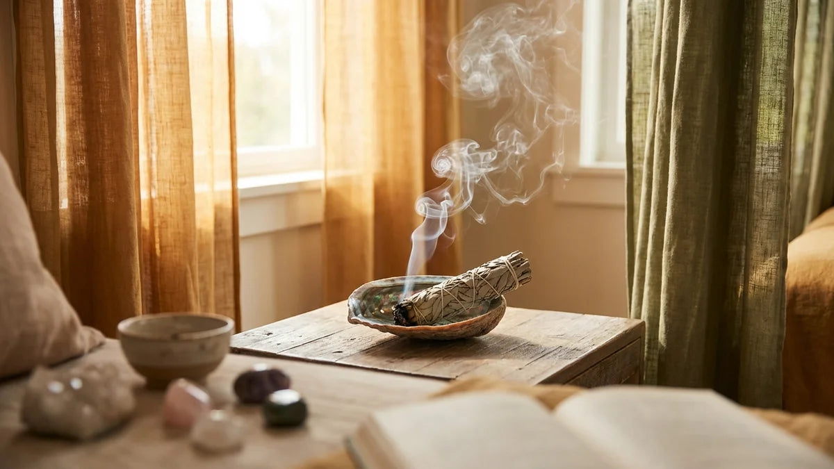 Bâton de sauge blanche brûlant dans un coquillage sur une surface en bois pour purifier la maison