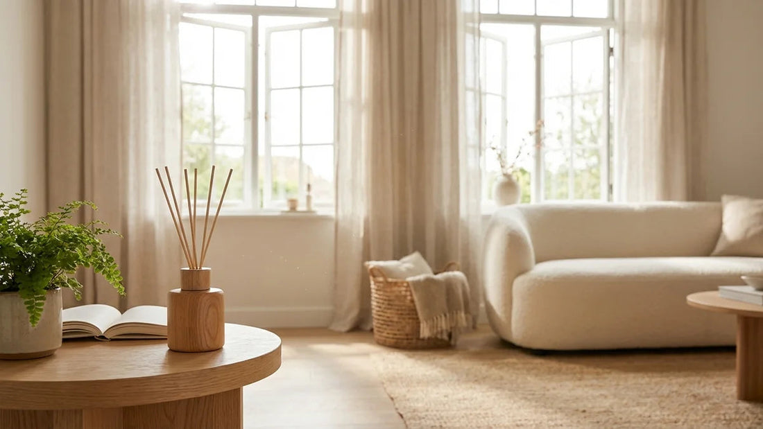 Salon lumineux avec diffuseur de roseaux et plantes vertes pour une maison qui sent bon naturellement