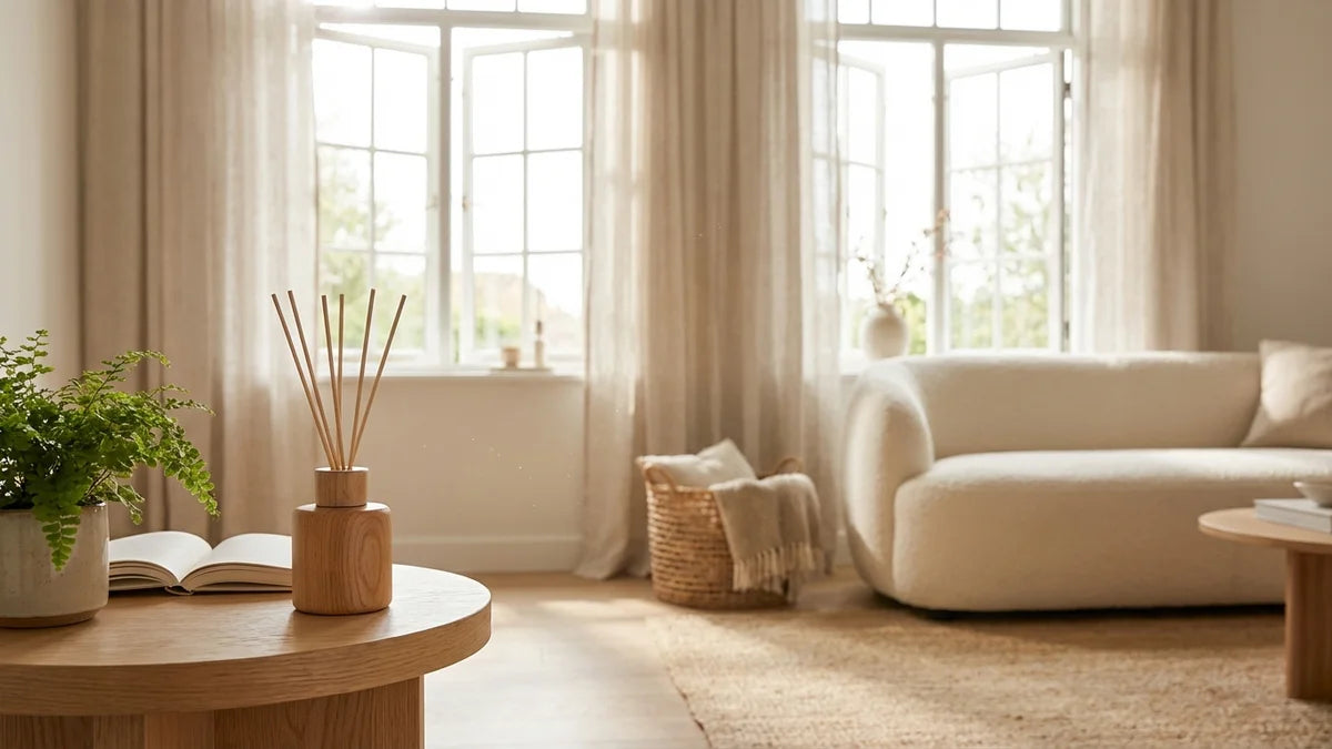 Salon lumineux avec diffuseur de roseaux et plantes vertes pour une maison qui sent bon naturellement