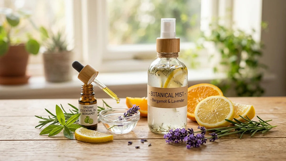 Ingrédients naturels pour spray d'intérieur maison : bouteille, eau, huiles essentielles et herbes fraîches
