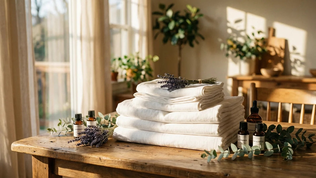 Linge blanc frais avec lavande et eucalyptus pour parfumer naturellement au lavage
