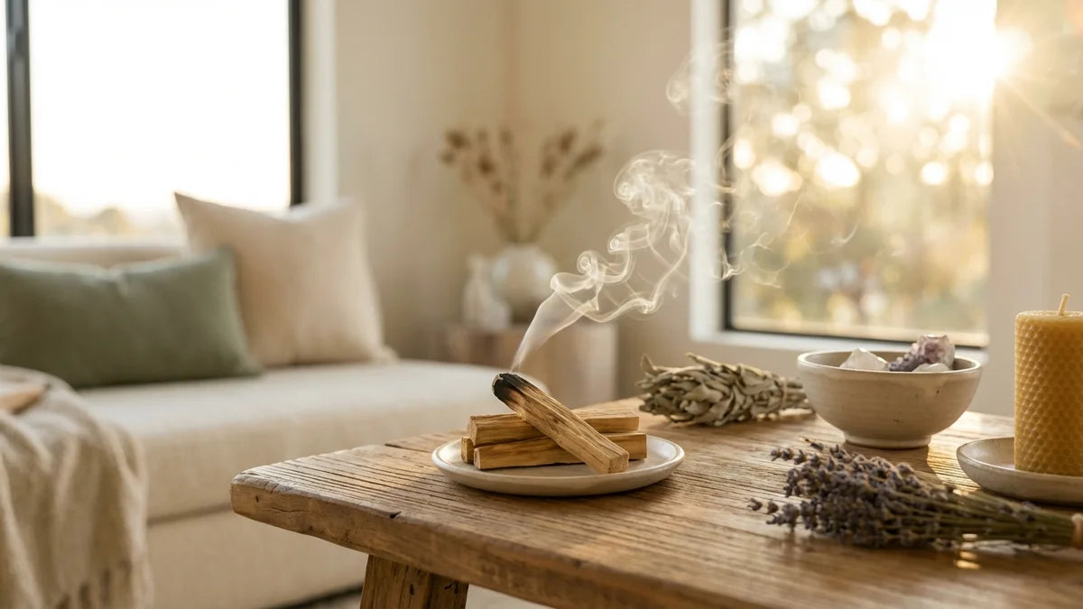 Bâtons de palo santo brûlant dégageant de la fumée aromatique pour purifier une maison