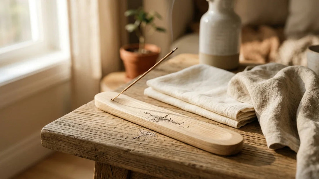 Porte-encens minimaliste en bois clair avec accessoires d'entretien et tissu doux pour bien le maintenir.