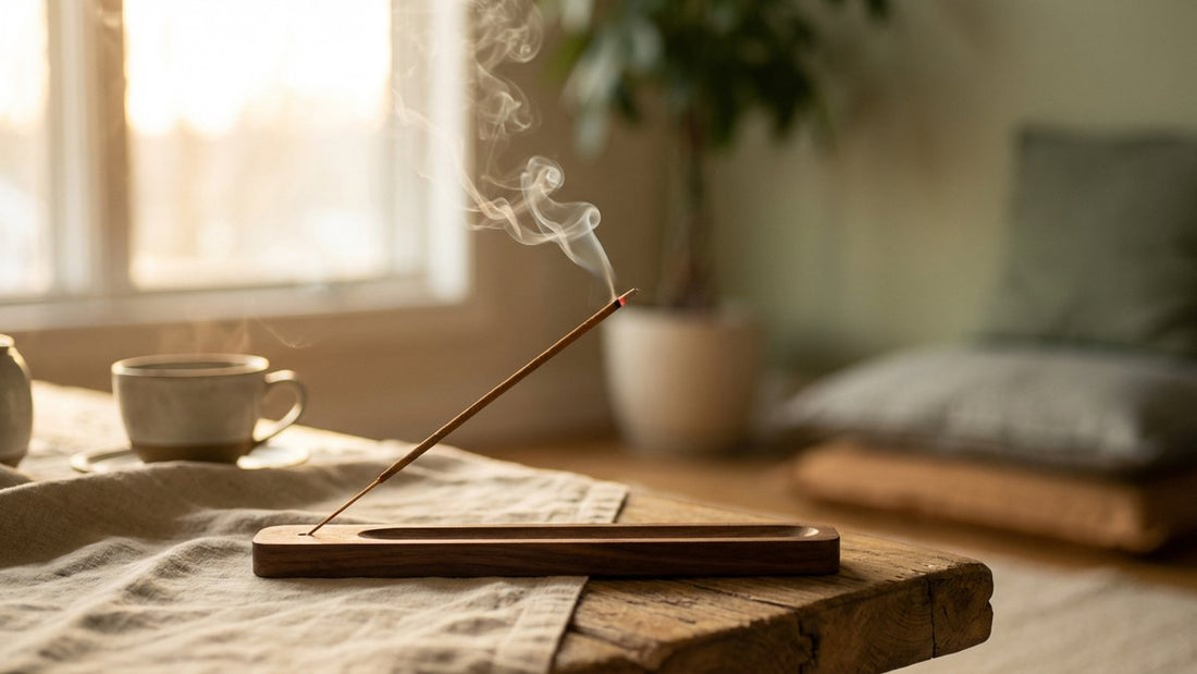 Bâton d'encens allumé dans un porte-encens en bois avec fumée aromatique, ambiance zen et méditative