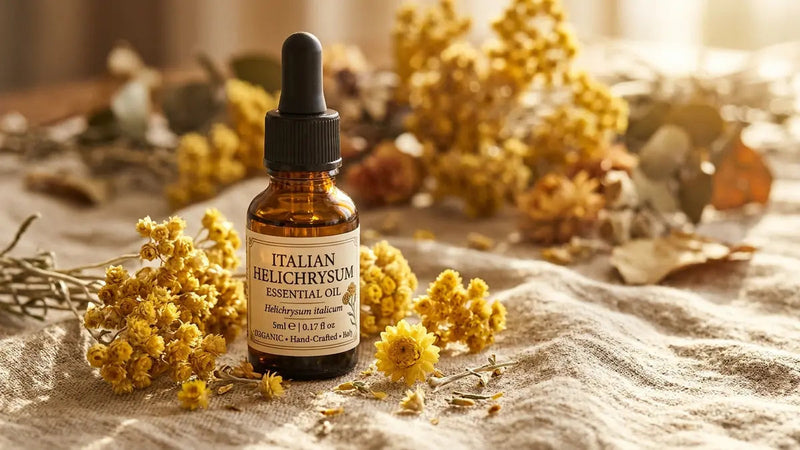 Flacon d'huile essentielle d'hélichryse italienne 5ml entouré de fleurs d'immortelle dorées