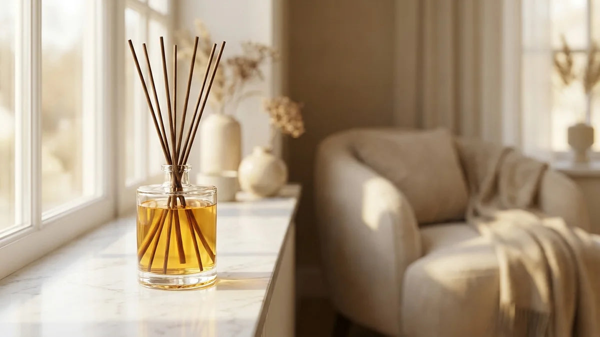 Diffuseur de parfum avec bâtonnets en bois sur marbre, lumière naturelle, décoration intérieure