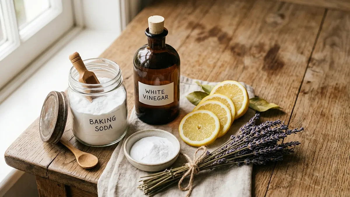Ingrédients naturels désodorisant maison : bicarbonate, vinaigre blanc, citron et lavande