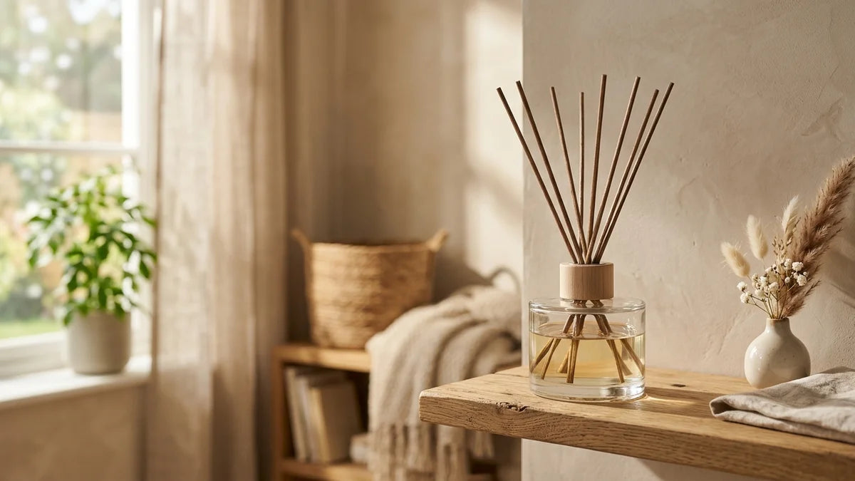 Diffuseur de parfum à bâtonnets en verre sur étagère bois avec lumière naturelle