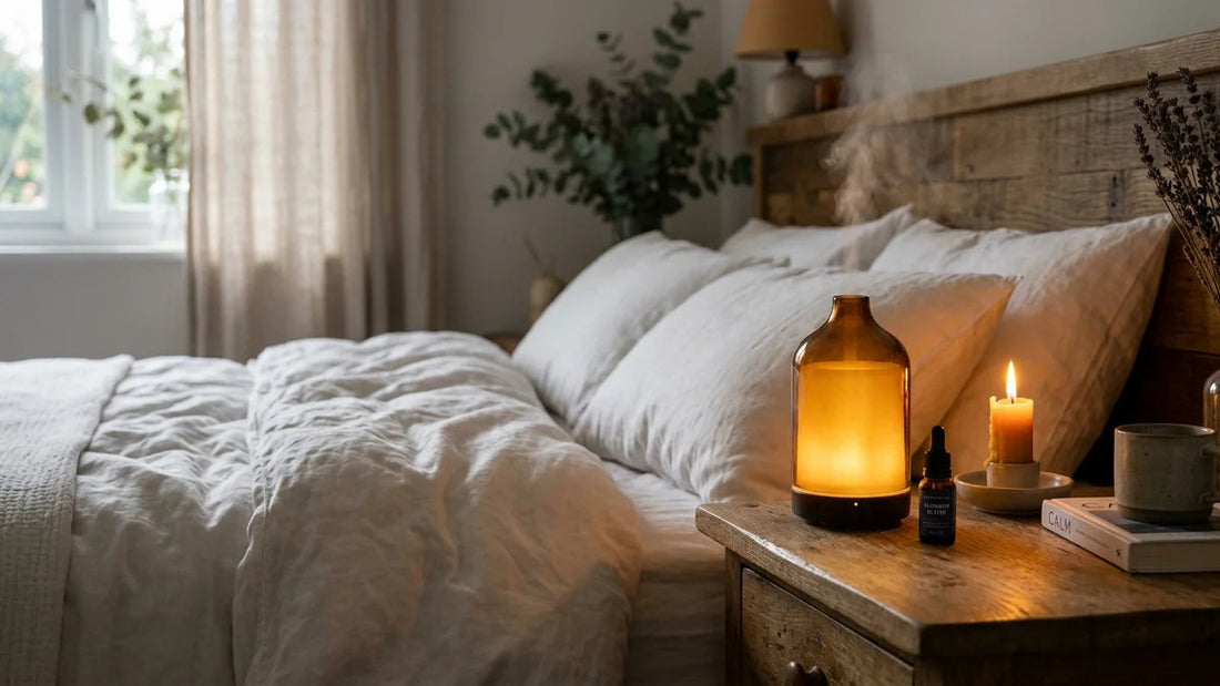 Diffuseur d'ambre sur table de nuit pour dormir sereinement avec ambiance apaisante et bien-être nocturne