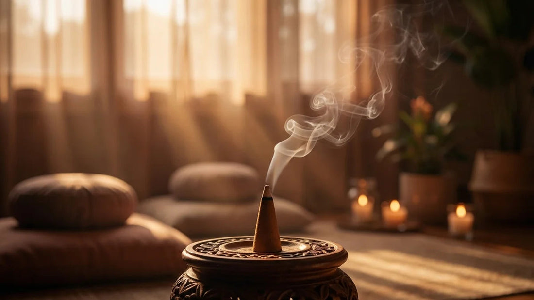 Cône d'encens brûlant avec fumée dans un porte-encens en bois, ambiance zen et relaxante