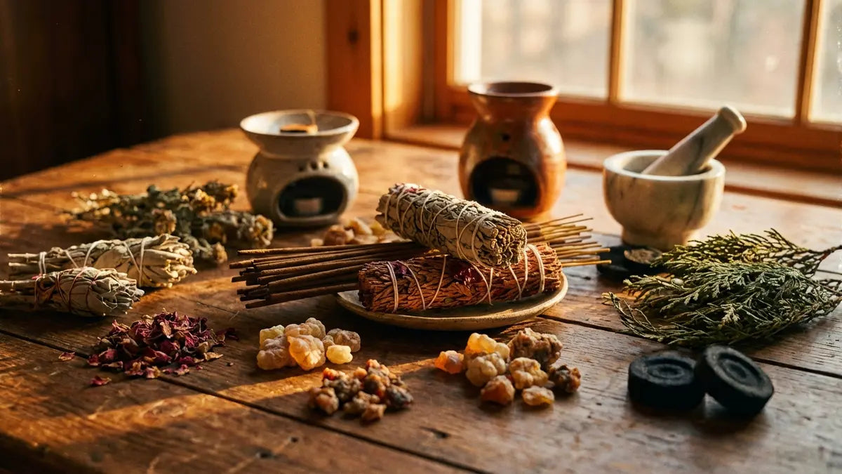 Encens artisanaux naturels avec ingrédients botaniques, résines et charbon sur bois