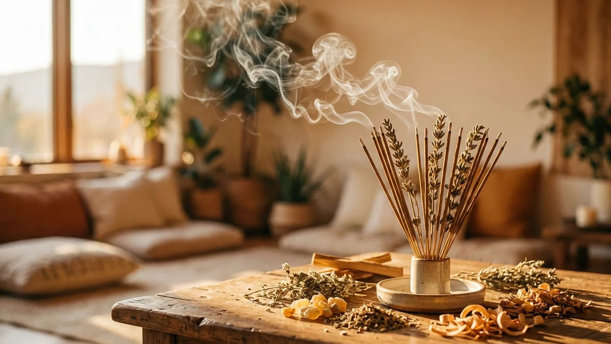 Bâtonnets d'encens naturel brûlant avec fumée dans un espace zen de méditation