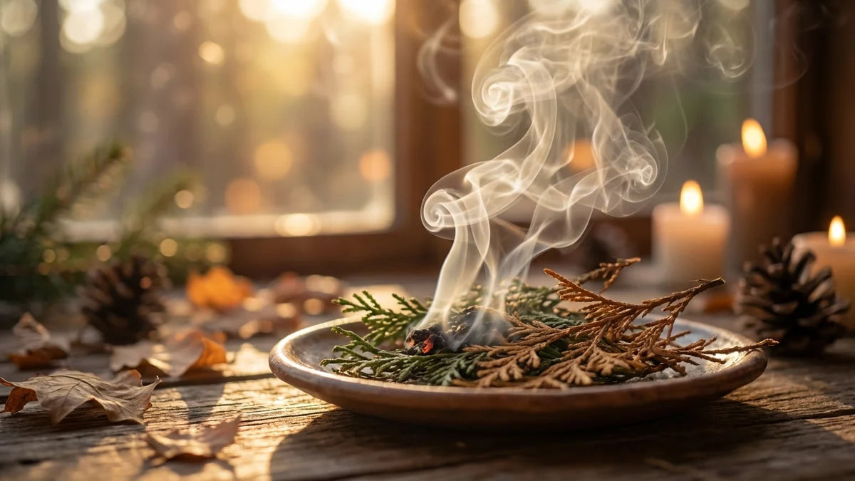 Encens thuya fumant avec branches de cèdre brûlant, rituel ancestral de purification spirituelle
