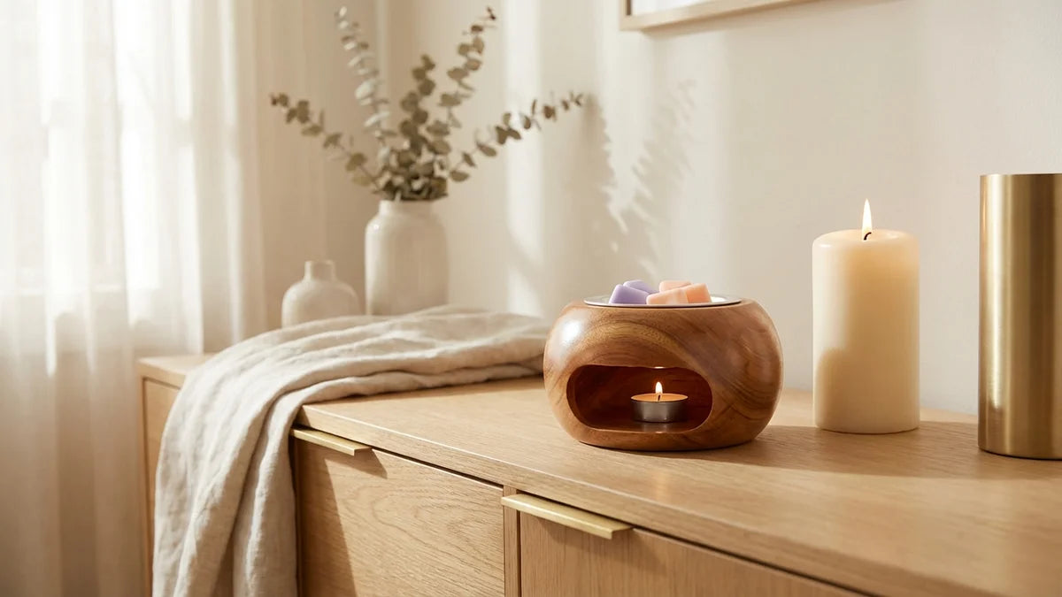 Comparaison fondant de cire et bougie parfumée : chauffe-cire et bougie allumée côte à côte