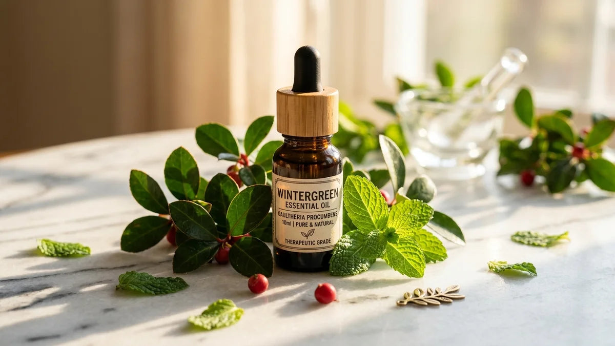 Bouteille d'huile essentielle de gaulthérie avec feuilles fraîches et menthe sur marbre blanc
