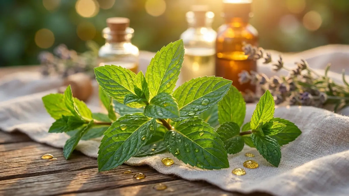 Feuilles fraîches de menthe poivrée avec gouttes d'huile essentielle au soleil naturel