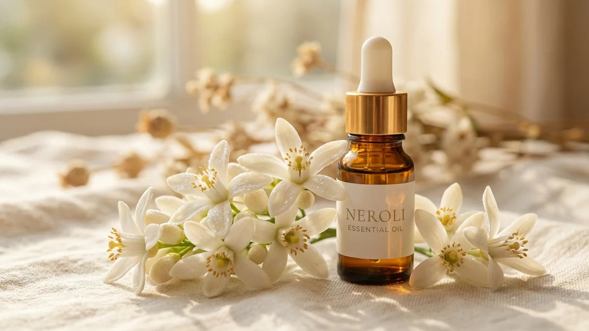 Fleurs de néroli blanc et huile essentielle dorée en flacon ambré, aromathérapie bien-être naturel