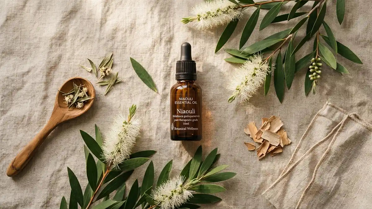 Flacon d'huile essentielle de niaouli avec feuilles fraîches pour améliorer le sommeil