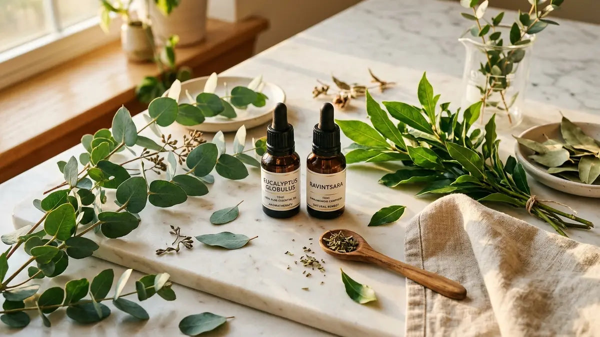 Huiles essentielles eucalyptus et ravintsara pour infection respiratoire sur marbre