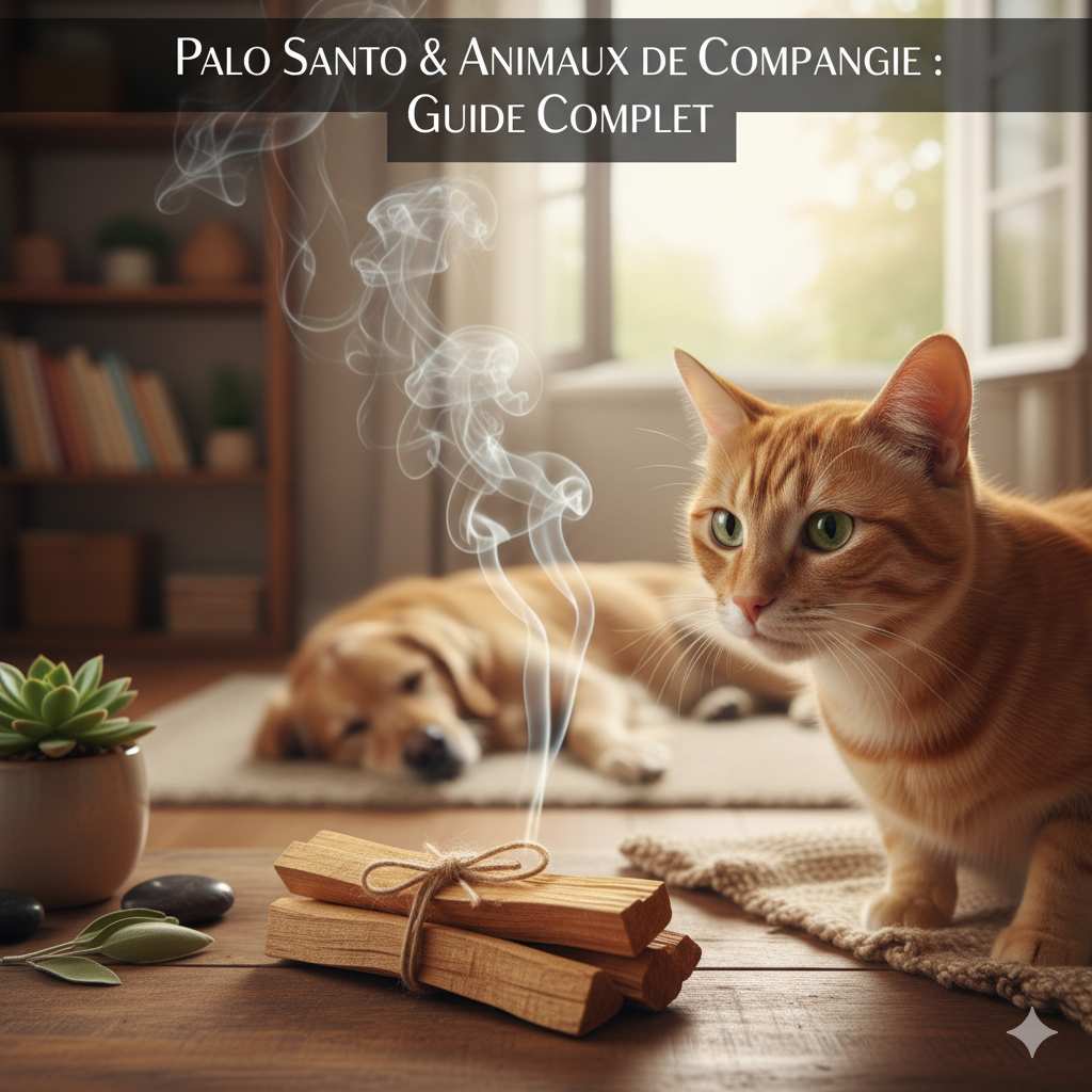 Un chien et un chat devant du bois de palo santo en train de brûler