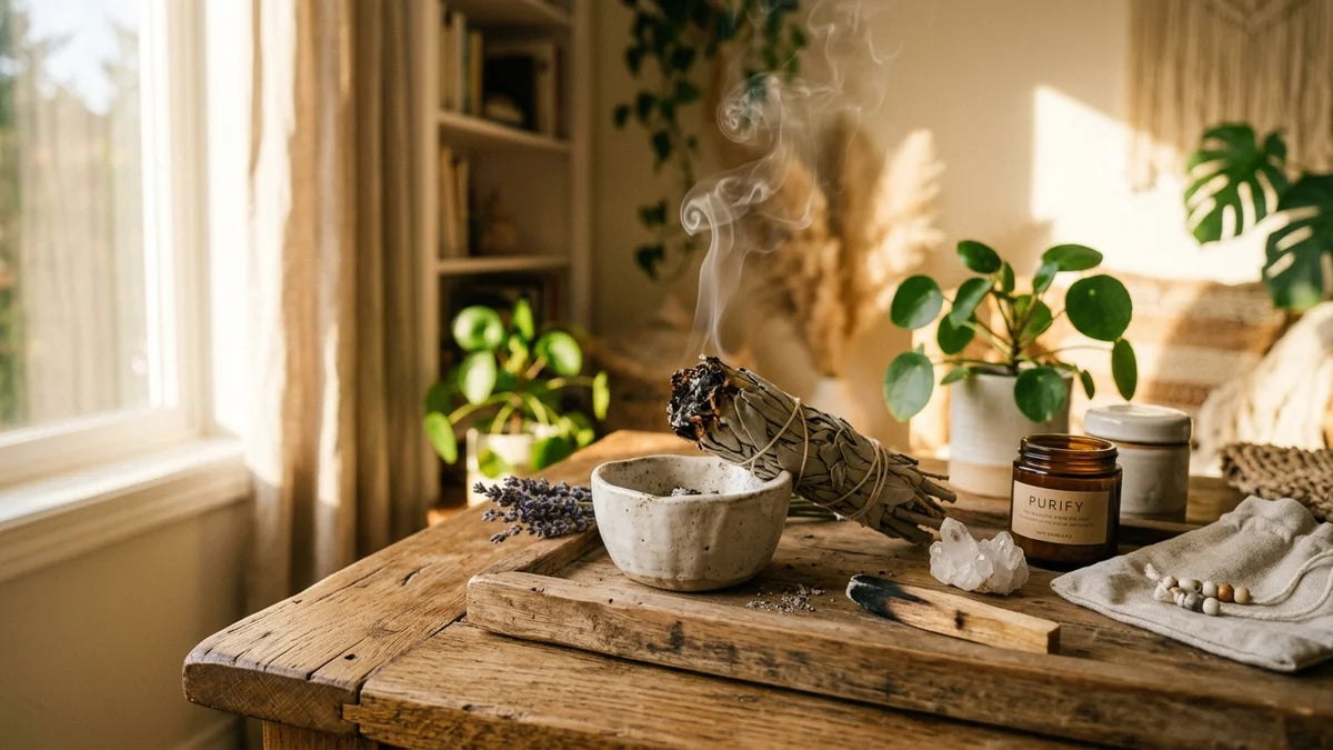 Faisceau de sauge blanche fumant dans porte-encens céramique, accessoires de purification testés sur surface bois, lumière naturelle dorée