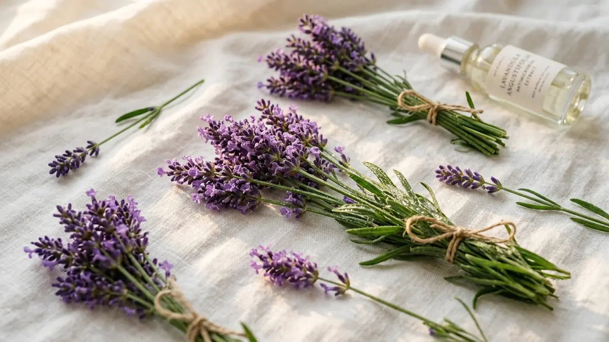 Brins de lavande frais sur tissu blanc avec gouttes d'eau, fleurs violettes pour lessive naturelle