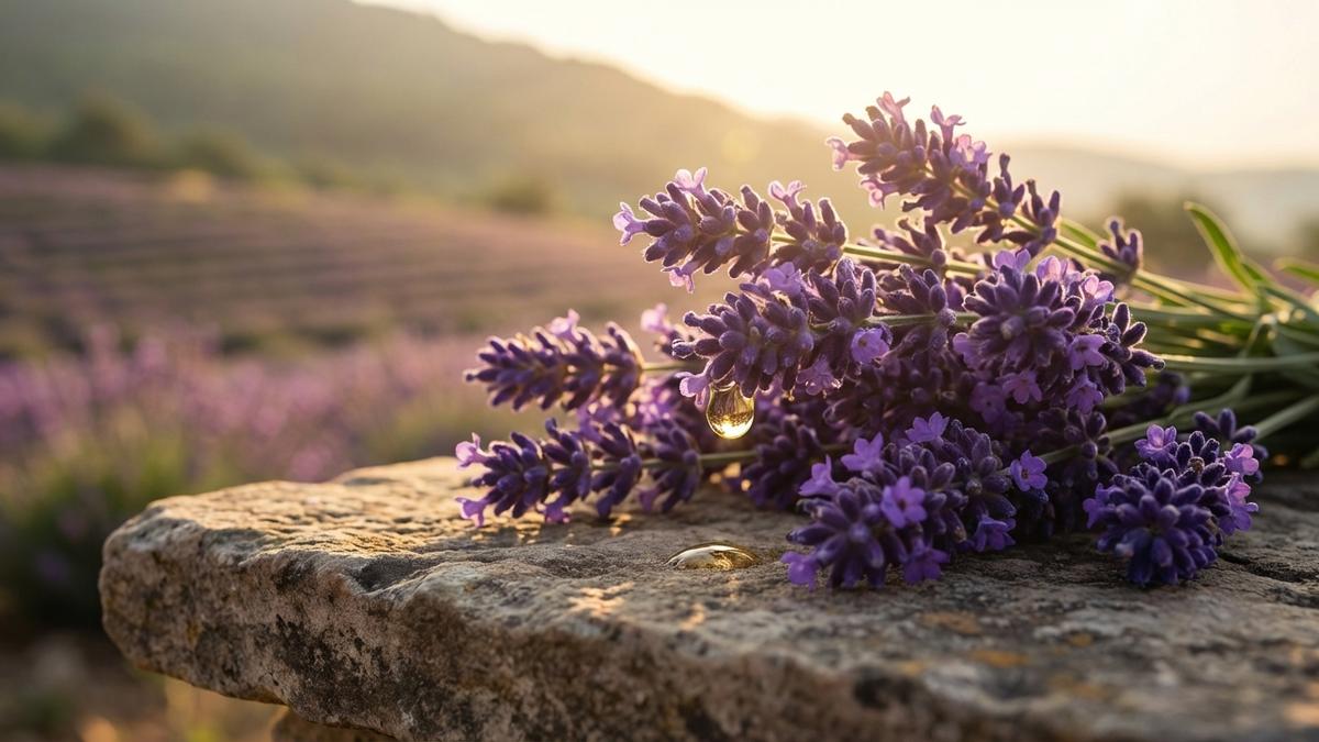 Fleurs de lavande vraie en pleine floraison avec goutte d'huile essentielle sur pierre provençale
