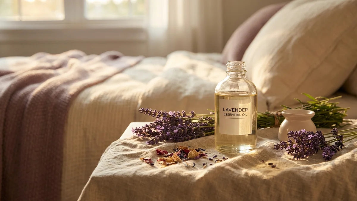 Flacon d'huile essentielle de lavande vraie entouré de fleurs séchées pour améliorer le sommeil