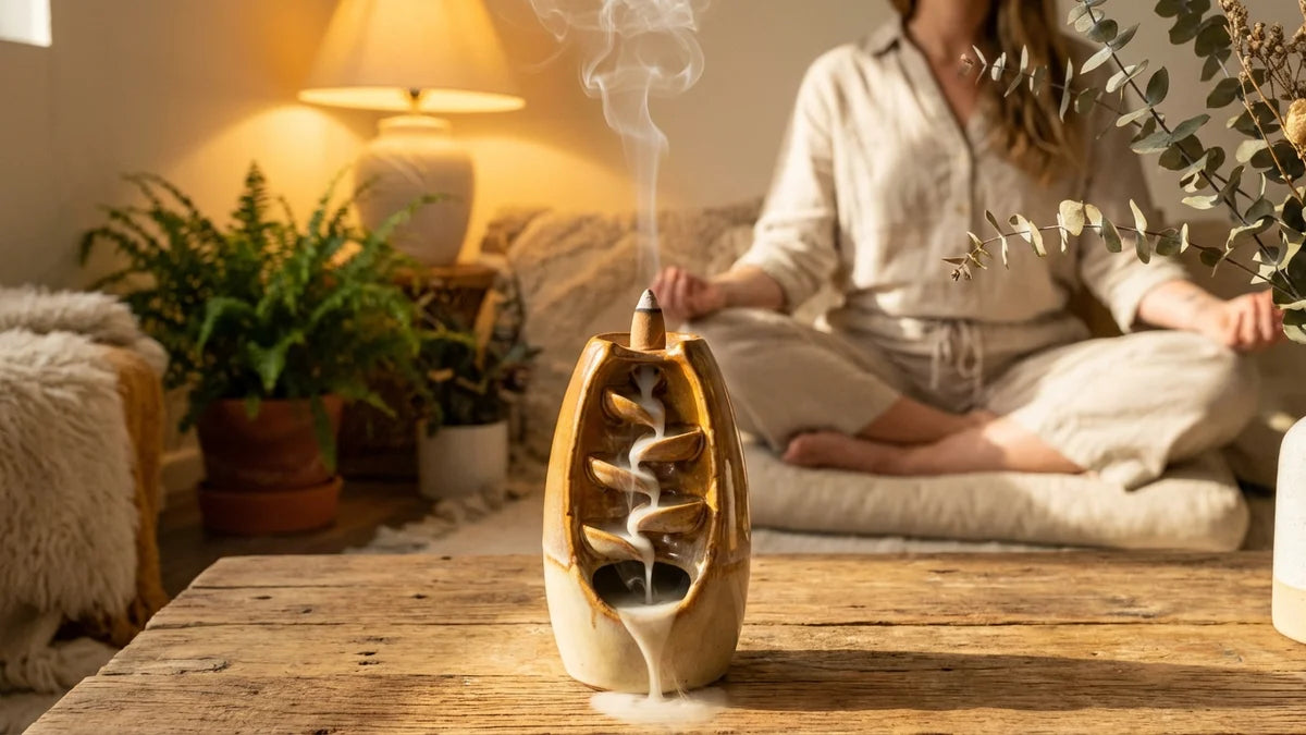 Encens en cône avec fumée blanche dans un porte-encens en bois, ambiance zen et méditative.
