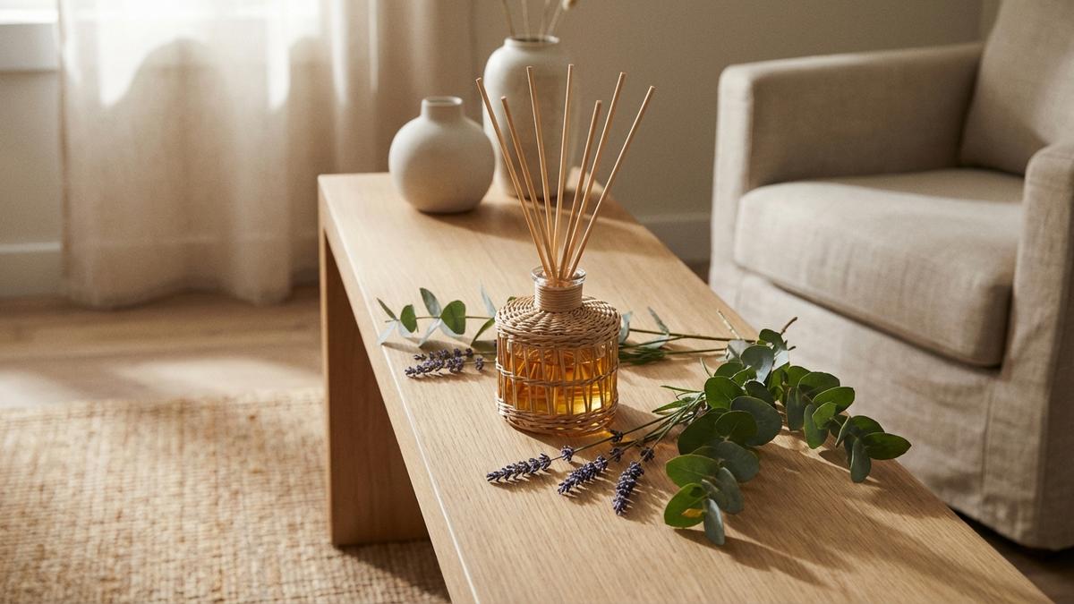 Diffuseur de parfum naturel en rotin avec huiles essentielles et fleurs séchées sur table décor