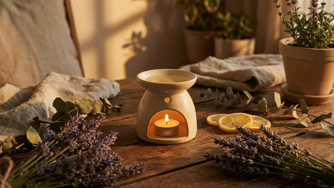 Brûleur huiles essentielles allumé avec lavande, citron et eucalyptus pour aromathérapie