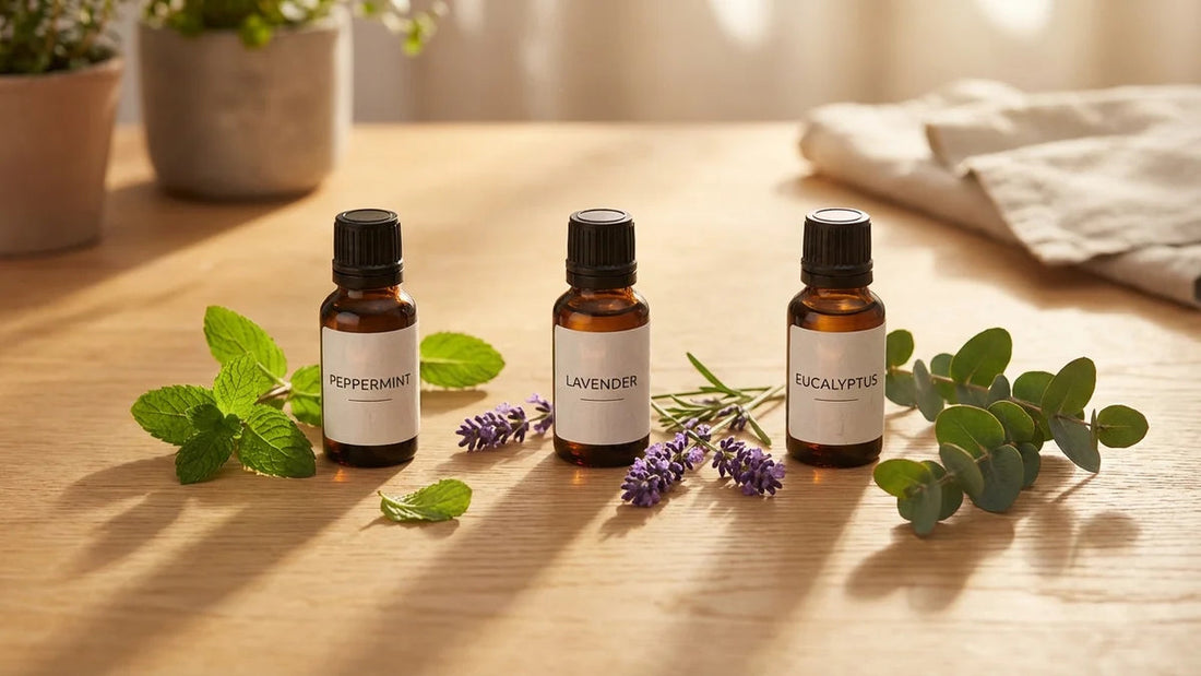 Trois huiles essentielles (menthe poivrée, lavande, eucalyptus) contre les tensions du quotidien