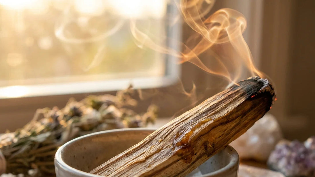 Bâton de palo santo brûlant avec fumée sacrée, rituels de purification et bien-être spirituel