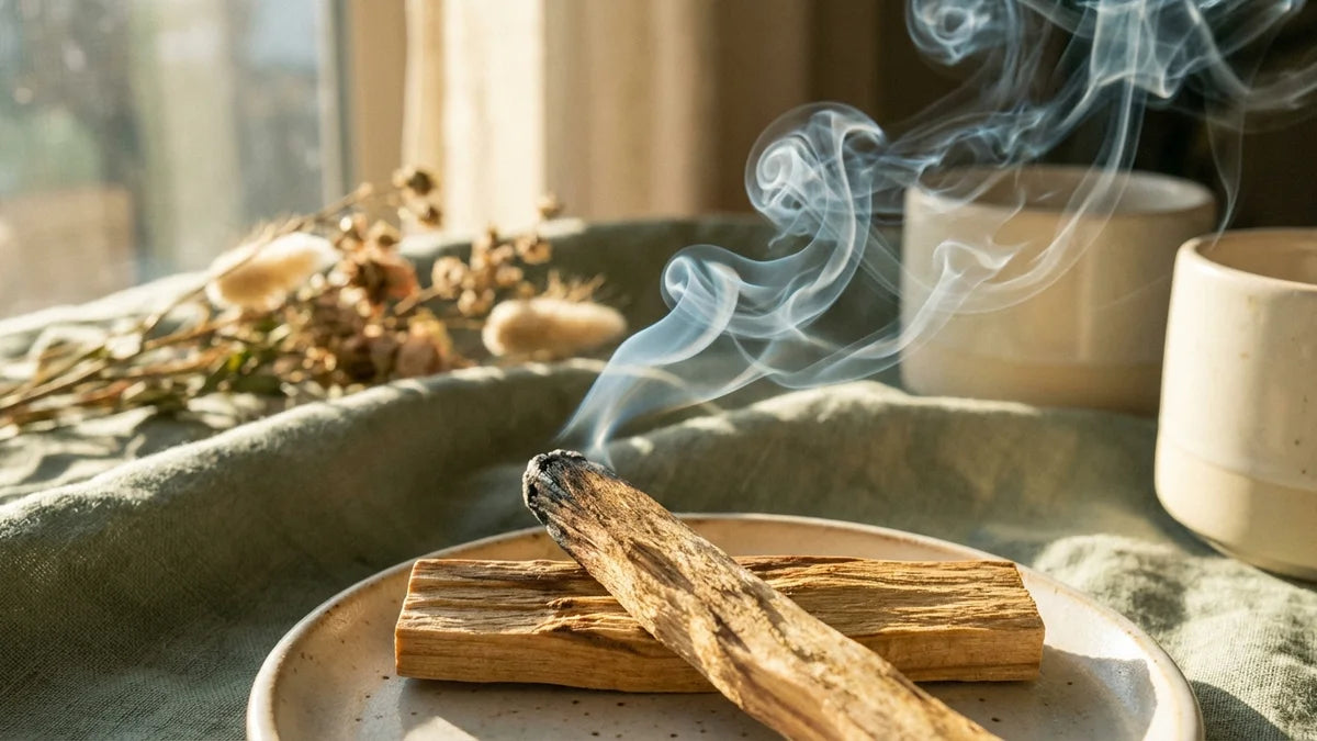 Bâtons de palo santo avec fumée aromatique, incense naturelle pour bien-être et méditation